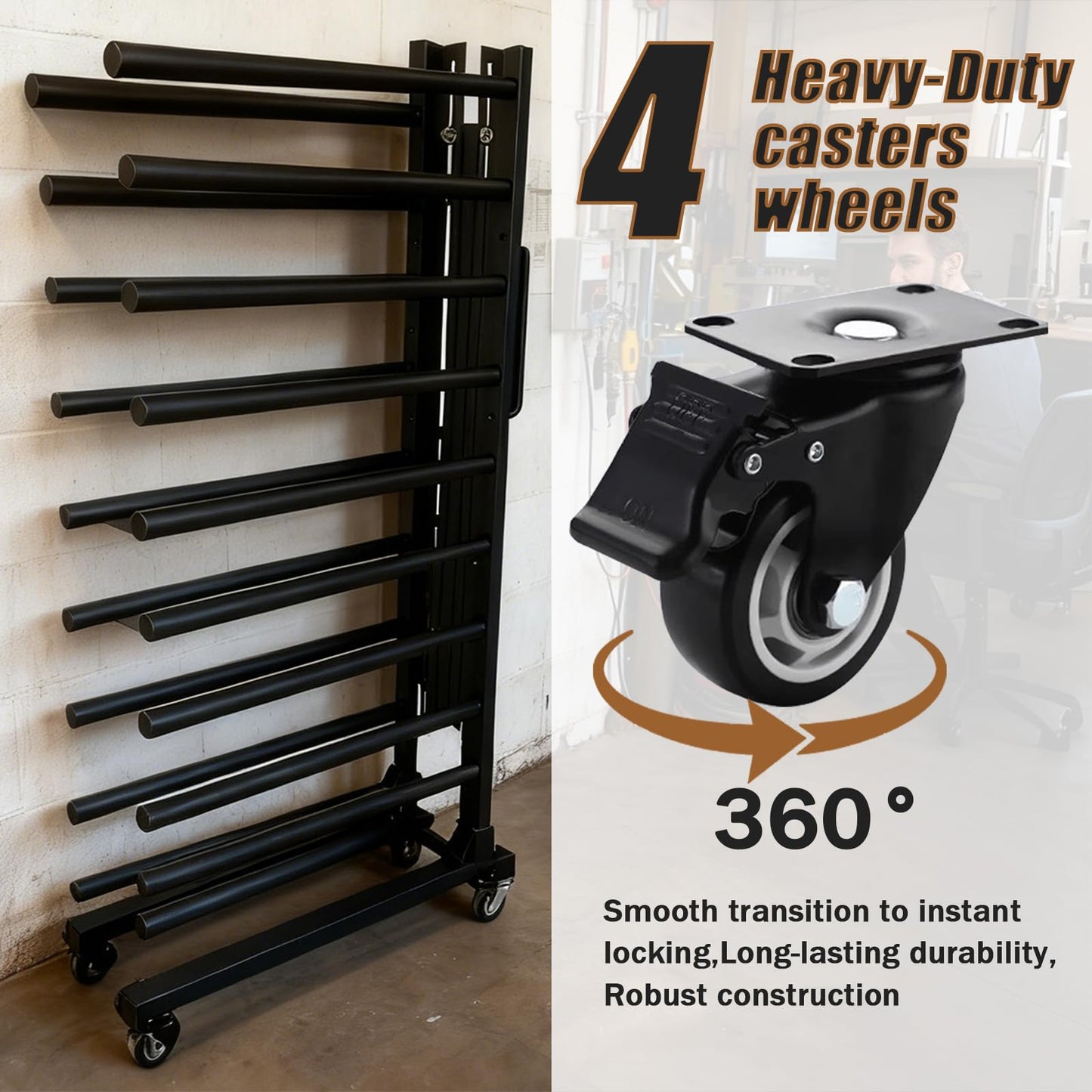 Heavy-Duty Metal Rolling Paint Rack, Expandable Woodworking Drying Rack, Staining & Curing Trim & Wood Panels for Cabinet Doors, Reinforced Steel Frame with 7.5" Casters, Paint Studios/Factory (Black)