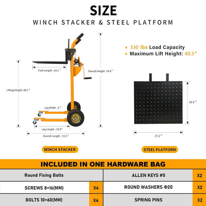 Tory Carrier Winch Stacker Material Lift Dolly, Pallet Truck Dolly 330 lbs, 40.5" Max Lift with Swivel Casters and 8.8" Rear Wheels, Pallet Stacker Pallet Jack with Steel Plate(Yellow)