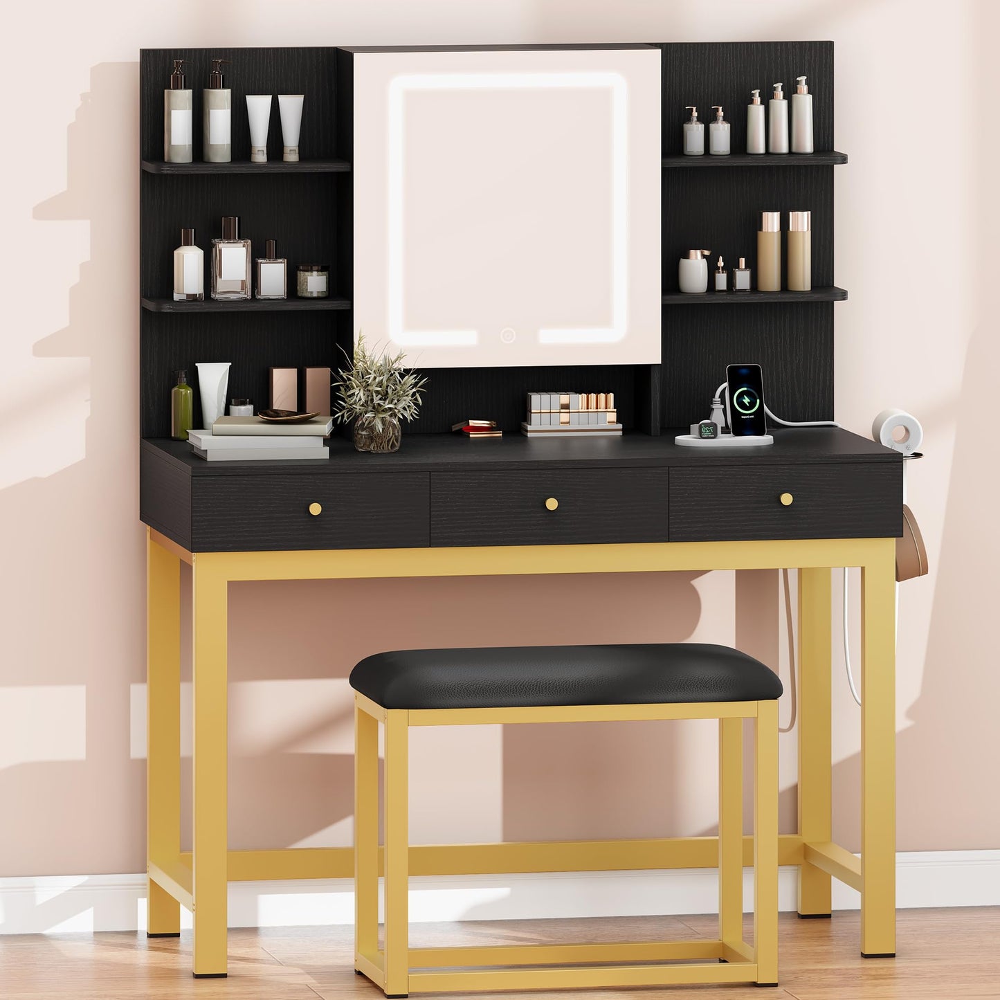 YITAHOME Vanity Desk Set with Mirror and Lights & Power Outlets, Makeup Table with 3 Adjustable Lighting Modes, Vanity Set with Open Shelves and Hidden Storage