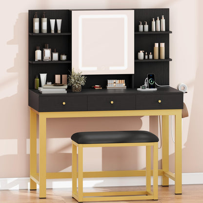 YITAHOME Vanity Desk Set with Mirror and Lights & Power Outlets, Makeup Table with 3 Adjustable Lighting Modes, Vanity Set with Open Shelves and Hidden Storage