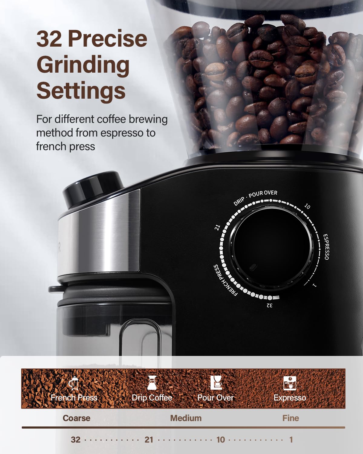 SHARDOR Burr Coffee Grinder Electric with 32 Grinding Sizes 3.0,Coffee Bean Grinder with 40 Seconds Adjustable Electronic Timer, Coffee Grinders for Home Use with Chamber Cleaning Button,Black