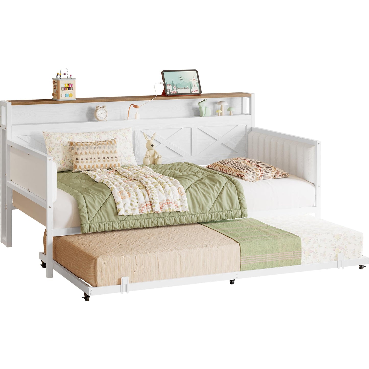 IRONCK Daybed with Trundle, Sturdy Metal Twin Bed Frame with X-Shaped Frame, Upholstered Farmhouse Daybed with Charging Station for Living Room, Bedroom, and Guest Room, White/Walnut