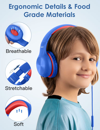 Nabevi Headphones for Kids for School, Kids Headphones with Microphone, Sharing Function, 85dB/94dB Safe Volume Limit, Over Ear Kid Headphone for School, On-line Study, Travel, Glaze Blue