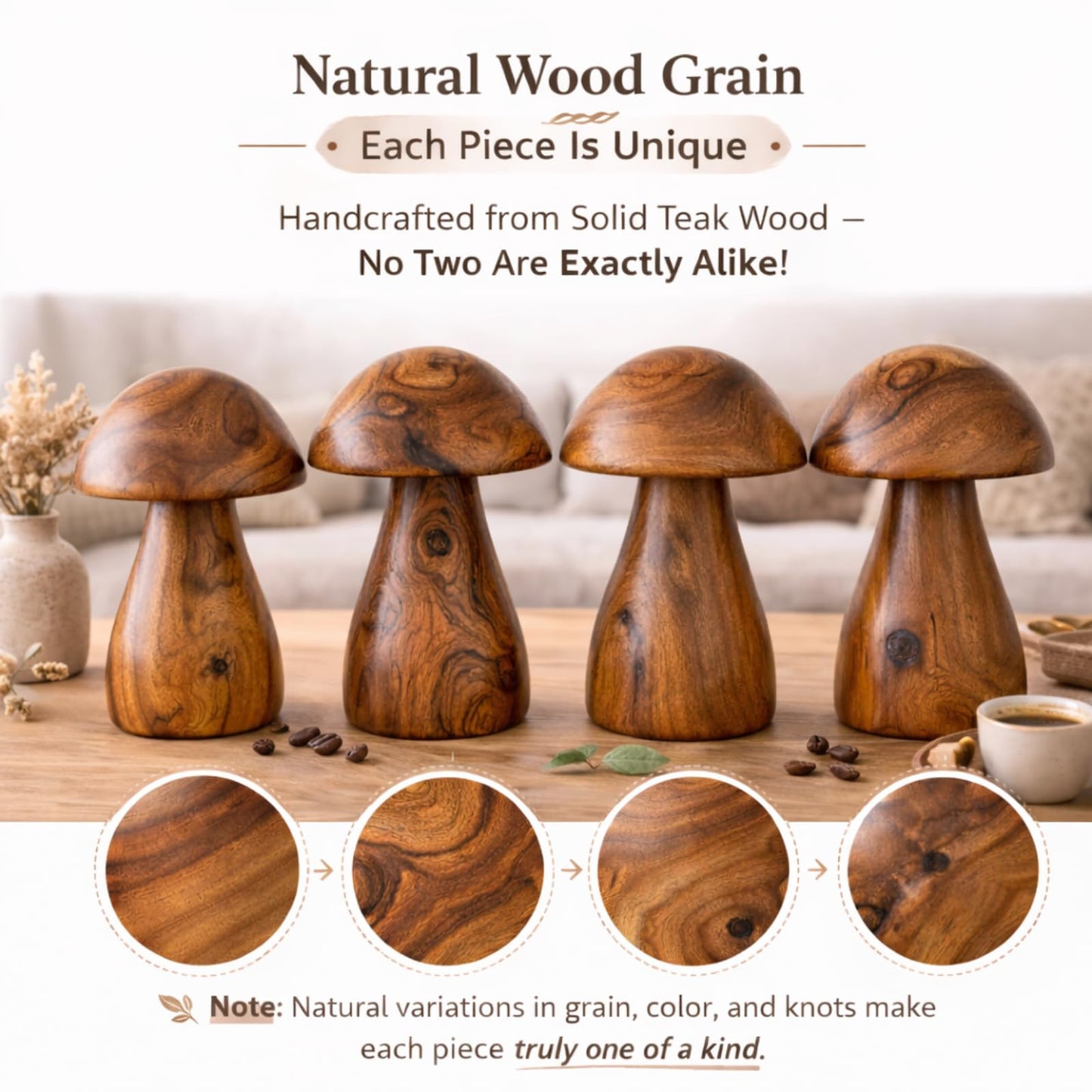 JOLLYMER Handmade Teak Wood Mushroom Decor Statue, Rustic Wooden Sculpture Accent for Living Room, Boho Tabletop Figurine, Natural Solid Wood Home Decoration for Indoor