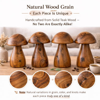 JOLLYMER Handmade Teak Wood Mushroom Decor Statue, Rustic Wooden Sculpture Accent for Living Room, Boho Tabletop Figurine, Natural Solid Wood Home Decoration for Indoor