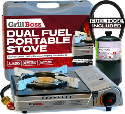 Grill Boss Dual Fuel Camp Stove - 12,000 BTU Butane & Propane Portable Stoves for Camping, Emergencies, BBQ, Hiking & Backpacking - Double Wind Guard, Instant Piezo Ignition System - 90057