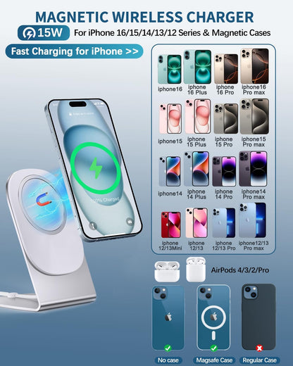Magnetic Wireless Charger Mag-Safe Charger for iPhone 17/16/15/14/13/12 Series Convertible Magnet Wireless Charging Stand/Pad with 5ft Cable for iPhone and AirPods 2/3/Pro 2/Pro