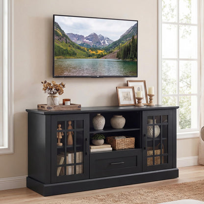 Tangkula Farmhouse TV Stand for TV up to 65 70 Inches, Tall Media Console Table with 2 Glass Storage Cabinets, 1 Drawer & 2 Open Shelves, Wooden Entertainment Center for Living Room (Black)