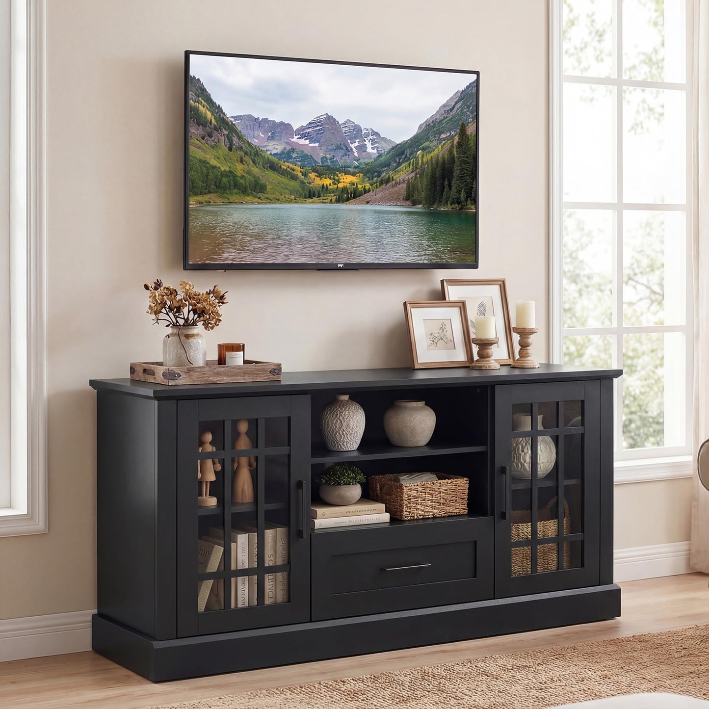 LDAILY 63" Farmhouse TV Cabinet, TV Console Table w/ 2 Side Cabinets & Drawer & Cable Management Holes, Modern TV Stand for TVs up to 70", Entertainment Center for Living Room, Bedroom (Black)