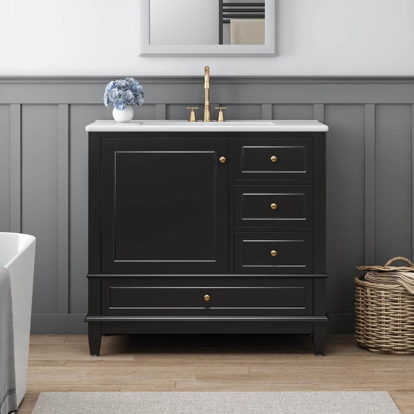 Bathroom Vanity with Ceramic Sink 36 Inch, Cabinet with One Door and Three Drawers, Soft-Closing Door, Solid Wood Legs, Black