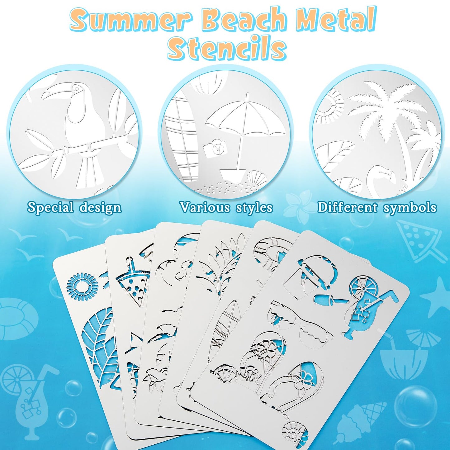 Lewtemi 6 Pcs Mixed Metal Stencil Wood Stencil Templates Stencils for Journaling Burning Stencils for Wood Carving Drawing Engraving Scrapbooking Journal Craft DIY (Summer Style)