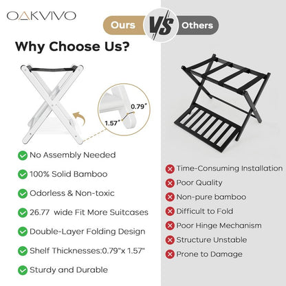 oakvivo Fully Assembled Luggage Racks Pack of 2, Upgraded Bamboo Foldable Suitcase Stand with 5 Nylon Straps, 26.77" Thickened Luggage Stand Holder with Shelf for Guest Room Bedroom Hotel, White