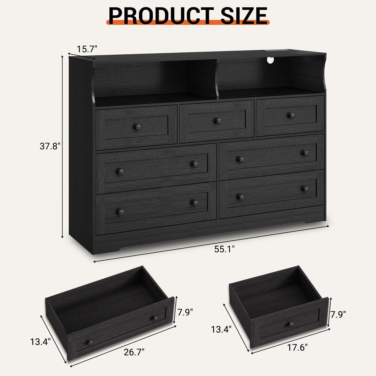 IDEALHOUSE Dresser for Bedroom with 7 Drawers, LED Lights & Charging Station, Wooden Chest with 2 Open Compartments, Freestanding Storage Organizer for Closet, Nursery, Entryway, Black