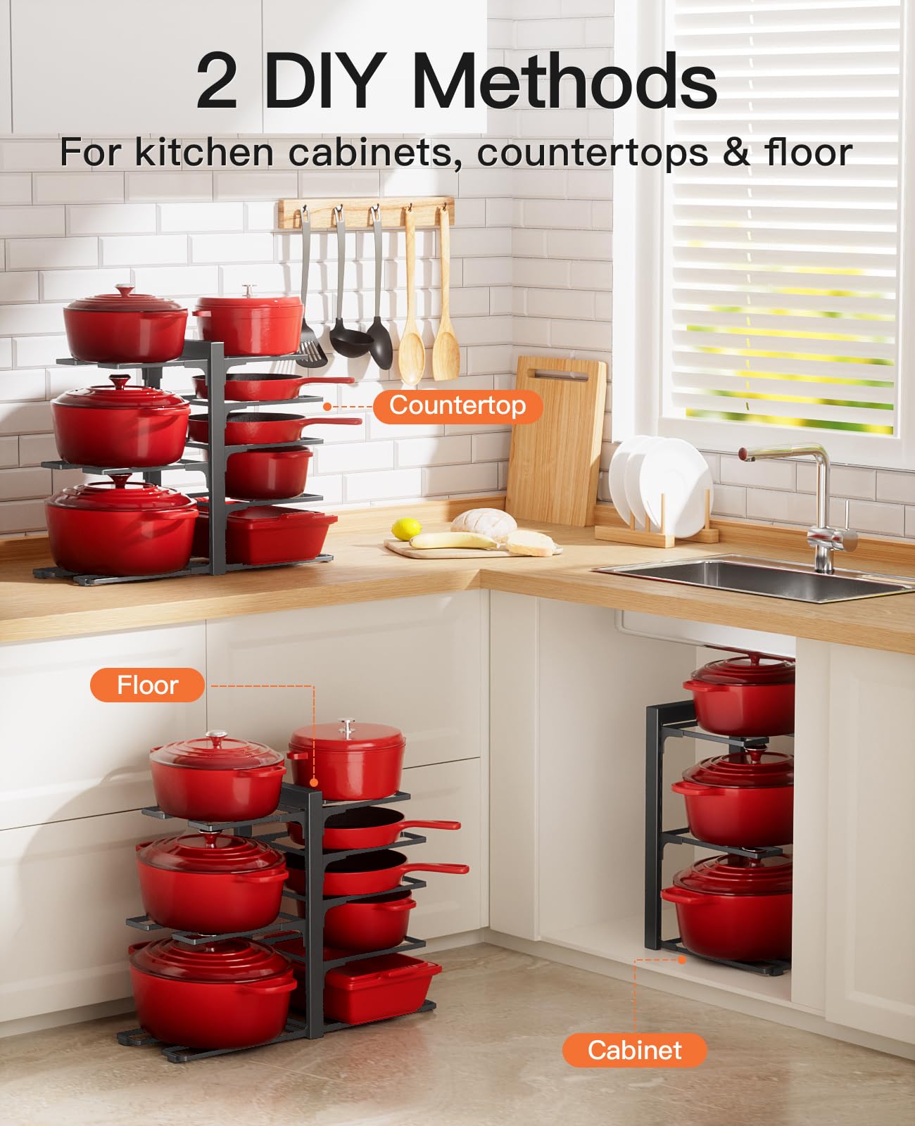 ORDORA Pots and Pans Organizer for Cabinet 16.61'' Height, 8 Tier Pot Organizers Rack with 3 DIY Methods, Adjustable Pan Organizer under Cabinet Kitchen Organization and Storage