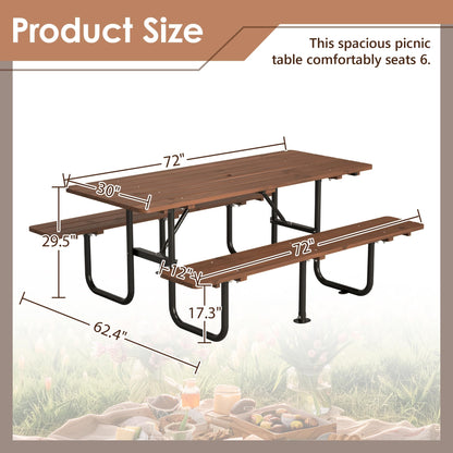 72" Rectangular Outdoor Picnic Table for 6 Person,Heavy Duty Wooden Dining Set with Built-in Benches, 1.97" Umbrella Hole, Waterproof&Corrosion-Resistant, Ideal for Garden, Backyard, BBQ,Courtyardfa