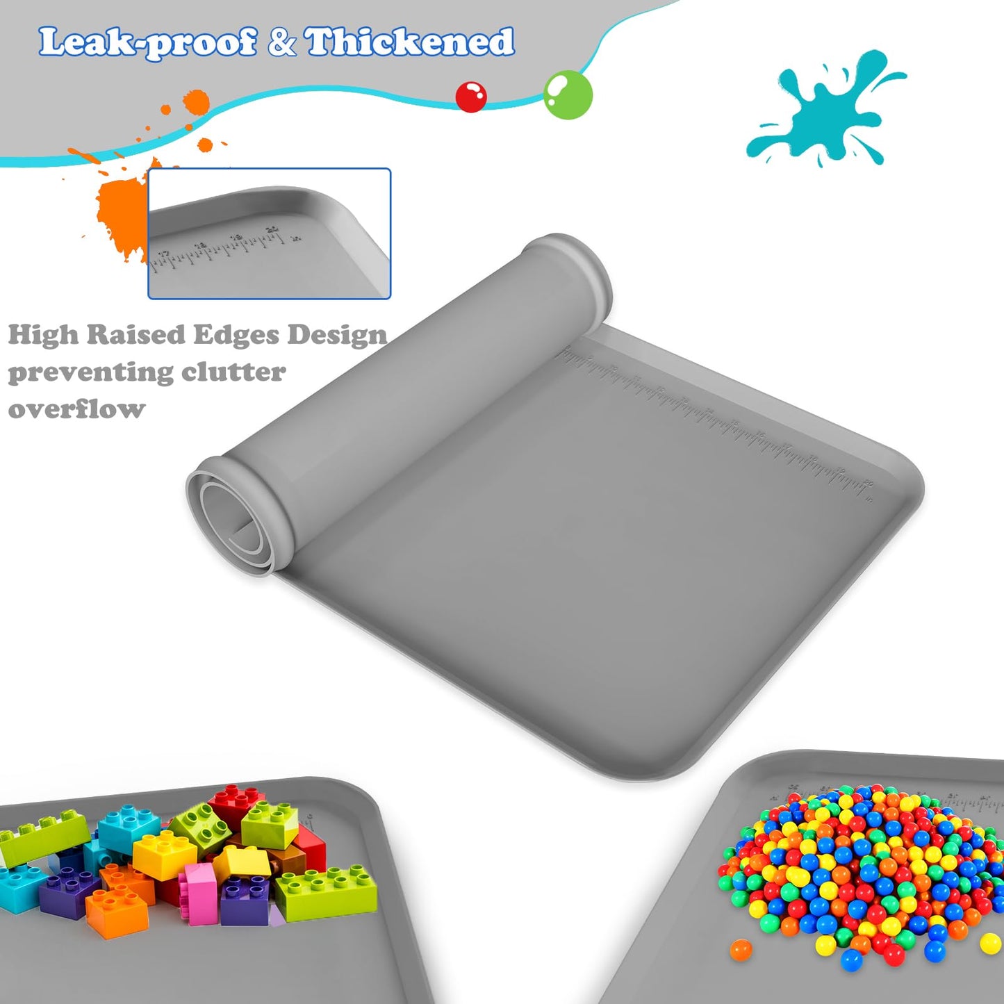 Silicone Art Mat for Crafts, 24" x 16" Silicone Craft Mat with Raised Sides to Stay Tidy, Play Sand, Painting, Slime, Legos, Resin & Jewelry-Making, DIY Crafts Mat (Grey)