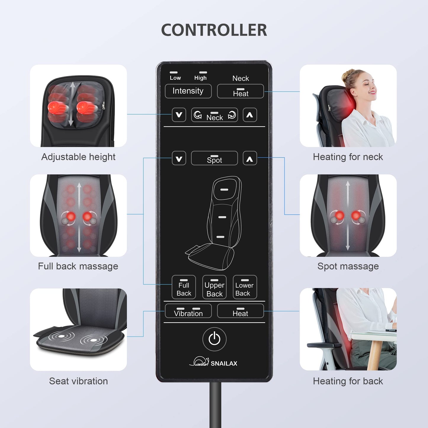 Snailax Shiatsu Back Massager with Heat -Deep Kneading Massage Chair Pad with Adjustable Intensity, Shiatsu Chair Massager to Relax Full Body Muscle