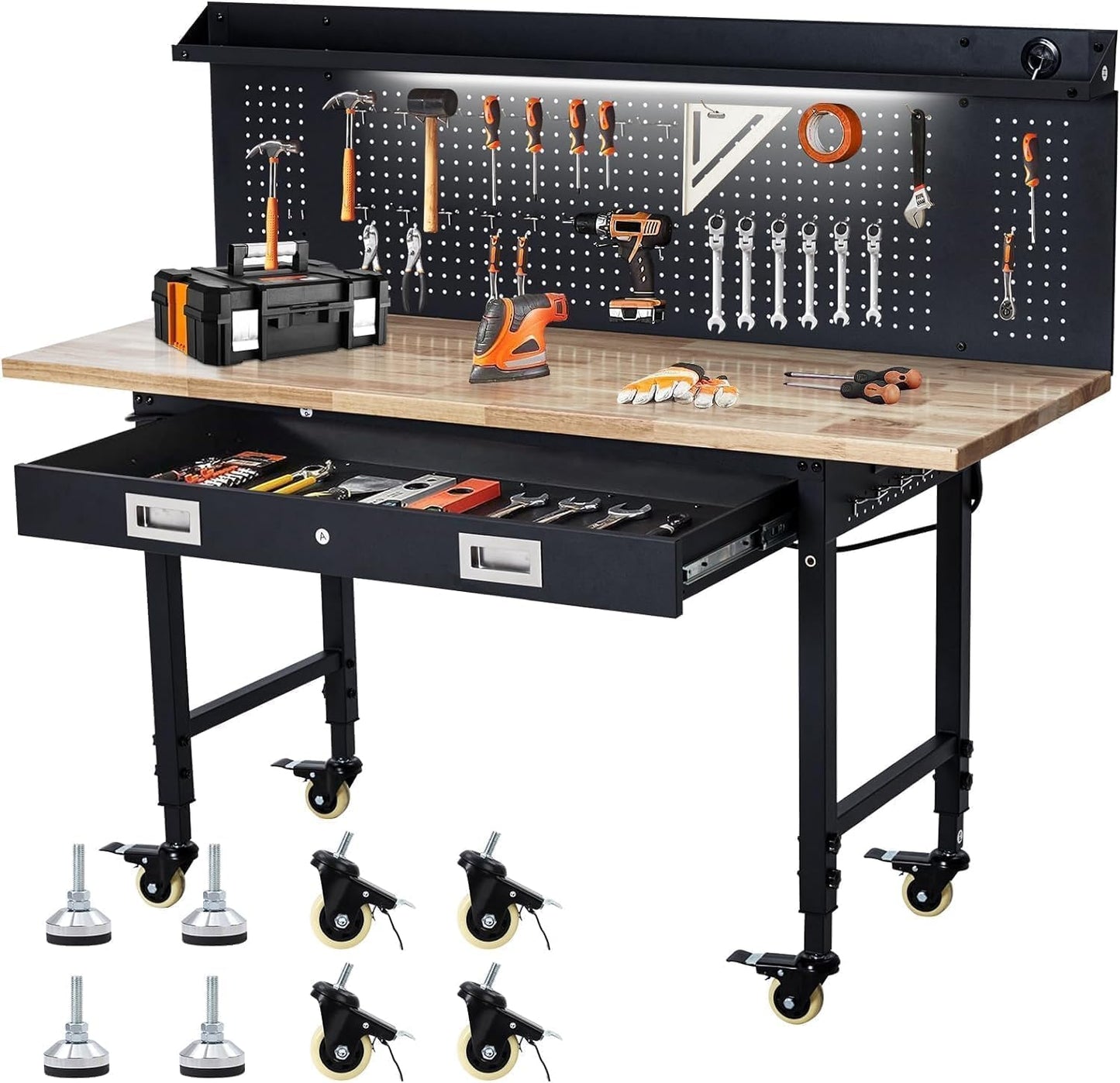 Adjustable Workbench for Garage, 48" Heavy Duty Rolling Work Bench with Power Outlet & Storage Drawer, 2000 LBS Capacity Solid Wood Top Shop Table for Workshop Home Office