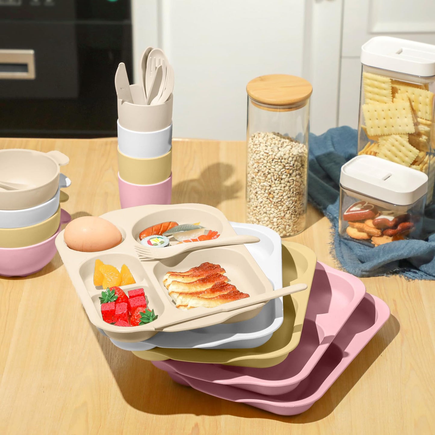 24 Pcs Wheat Straw Dinnerware Cutlery Set for Adult Including Divided Plates Microwave Dishwasher Safe Bowl Unbreakable Tableware Straw Cutlery Spoon Knife Fork(Light Color)