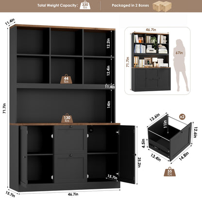HIFIT 72'' Tall File Bookcase with Power Outlet & Printer Stand, 2 Drawer Filing Cabinets for Home Office Fit Hanging A4 File, Storage Cabinet w/ 3 Tier Open Book Shelf & Doors for Living Room, Black