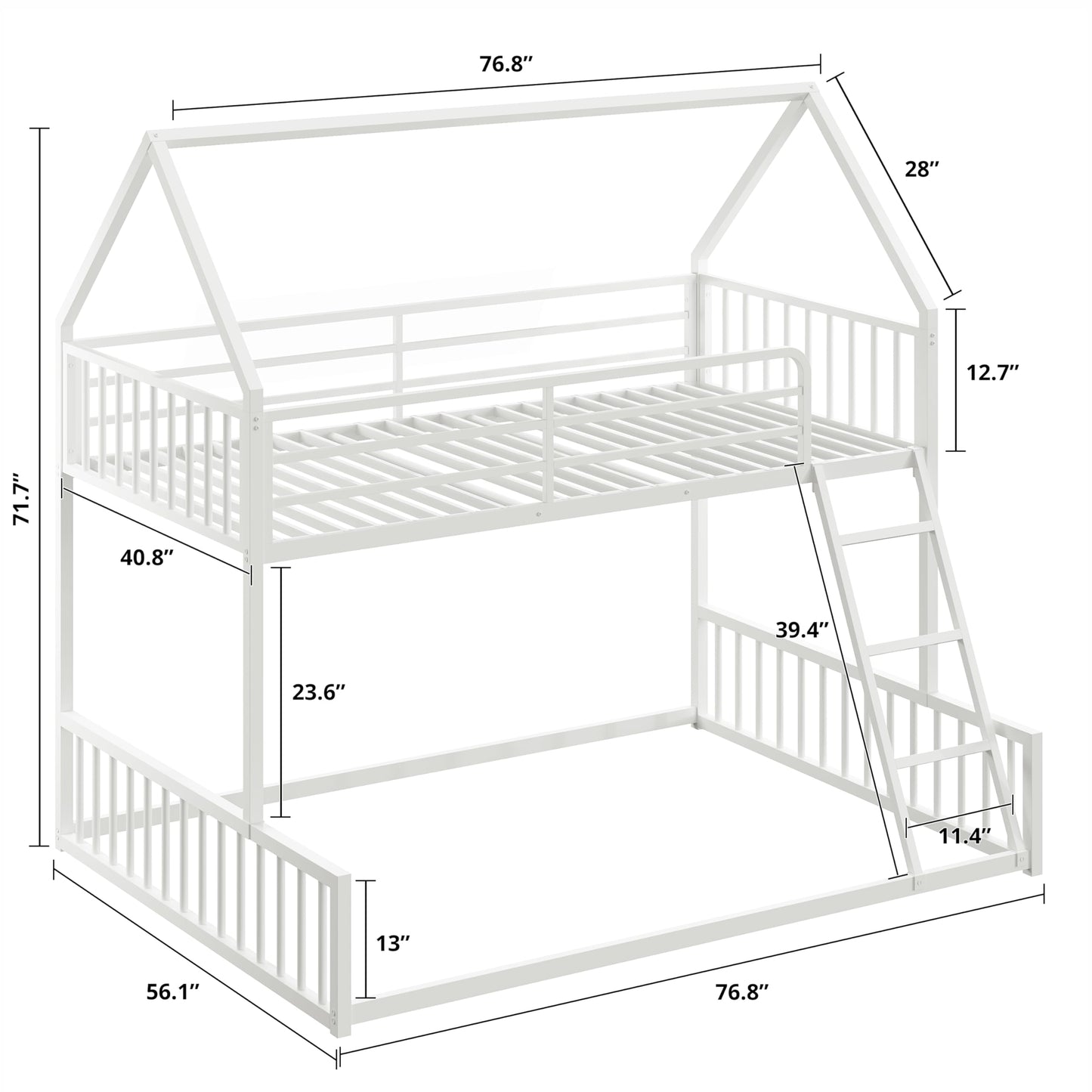 LIKIMIO Bunk Bed Twin Over Full Size, House Bunk Bed Frame with Ladder and Guardrail, House Shaped with Metal Slats Support No Box Spring Needed Space Saving for Bedroom and Dorm, White