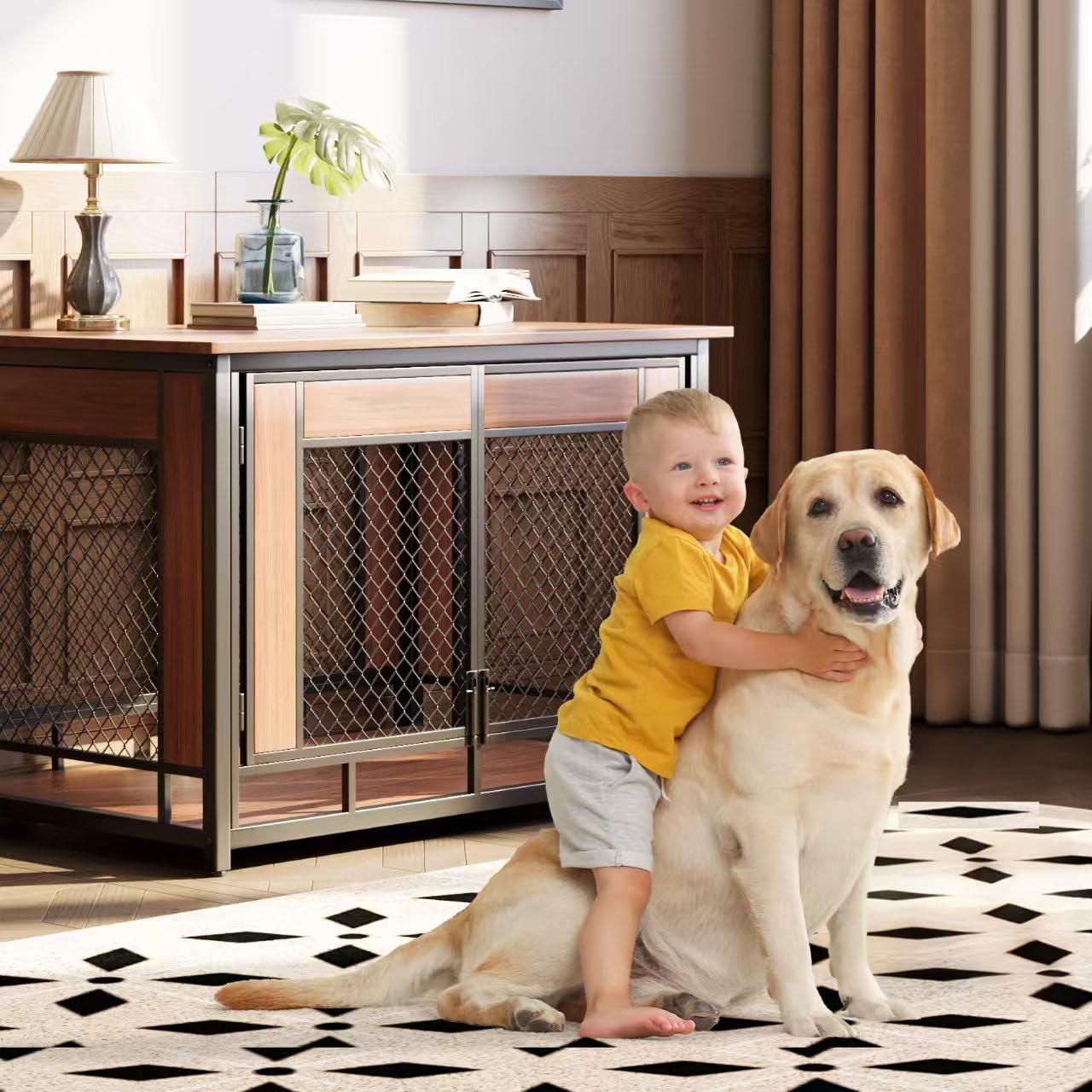 Dog Crate Furniture, 41'' Wooden Dog Kennel Furniture Indoor with Double Doors, Decorative Dog Cage End Table for Medium Large Dogs,Modern Dog Crate with Multi-Purpose Removable Tray,Rustic Brown