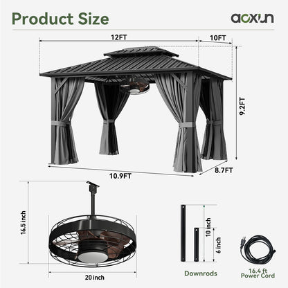 Aoxun 10'x12' Hardtop Gazebo, Aluminum Frame Canopy with Double Galvanized Steel Roof, Outdoor Metal Pavilion with Netting Curtains and 20 inch Ceiling Fans with Lights for Backyard, Patio and Deck