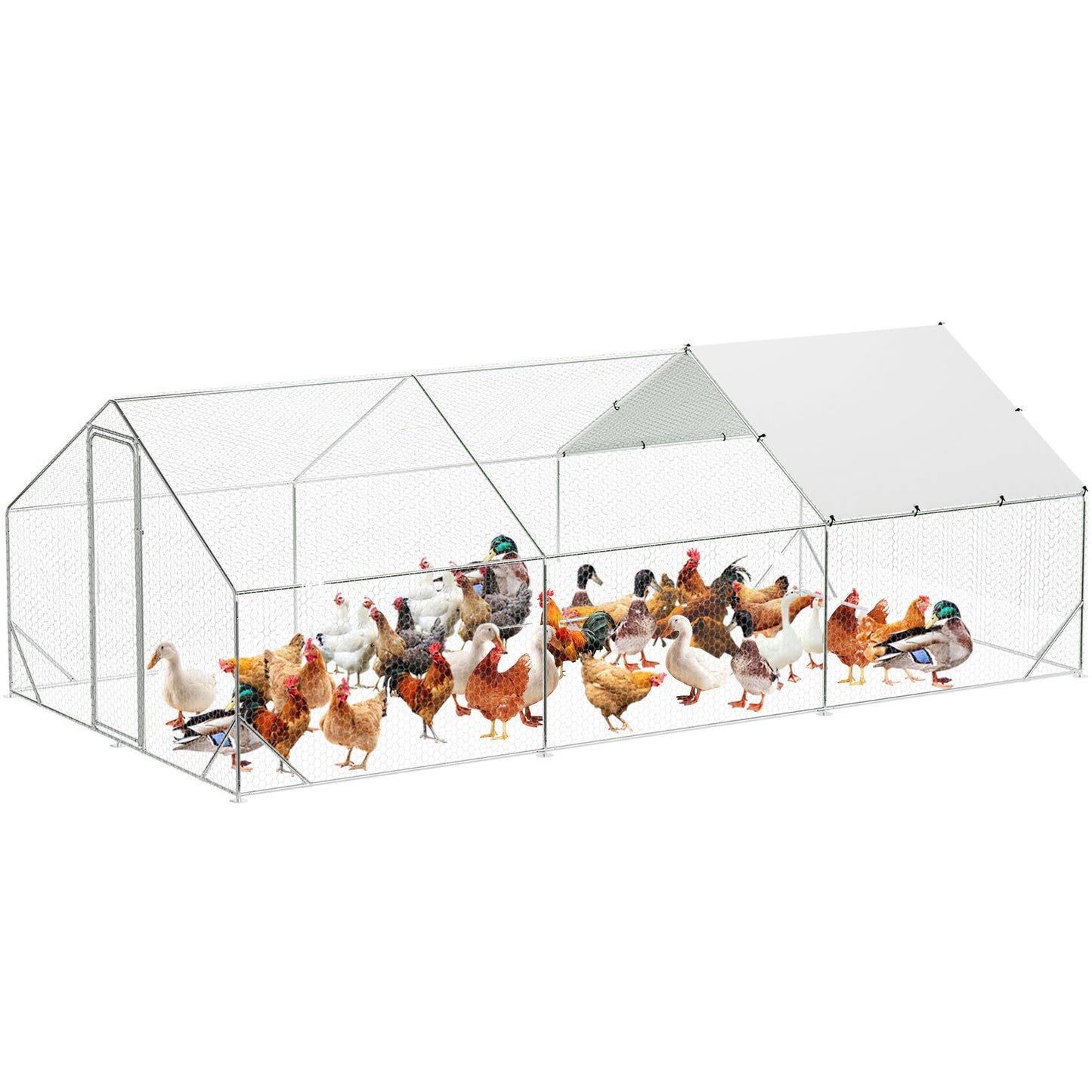 Large Metal Chicken Coop with Run, 9.8x19.7x6.6 Ft Walk in Chicken Runs for Outdoor Backyard, Heavy Duty Poultry Pen with Security Lock & Anti-UV Cover, Tri-Supporting Wire Mesh