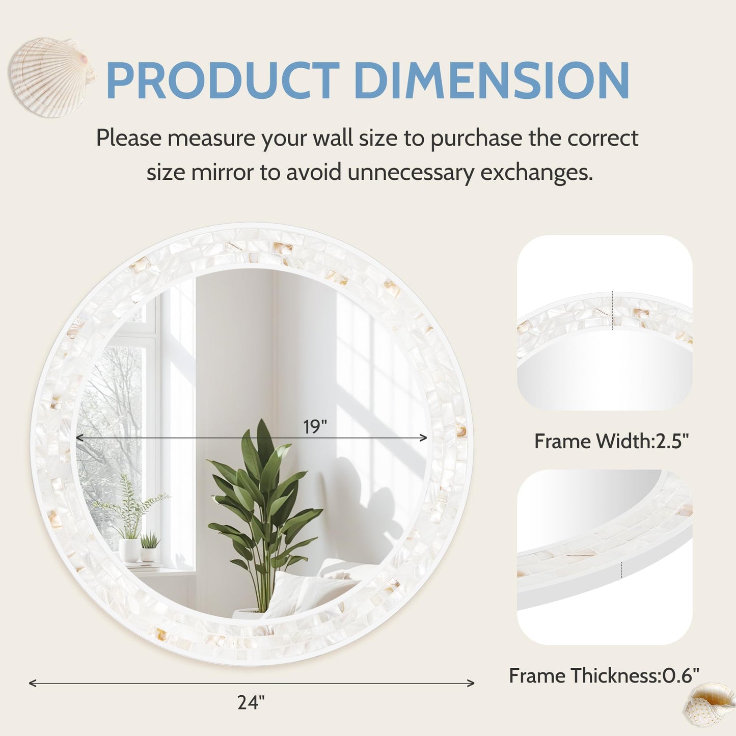 Tanmicoshomy Round Wall Mirror 24 Inch,Circle Mosaic Mirror with Natural Mother of Pearl and Wood Frame, Decorative Coastal Round Wall Mirror for Bathroom Bedroom Living Room Entryway