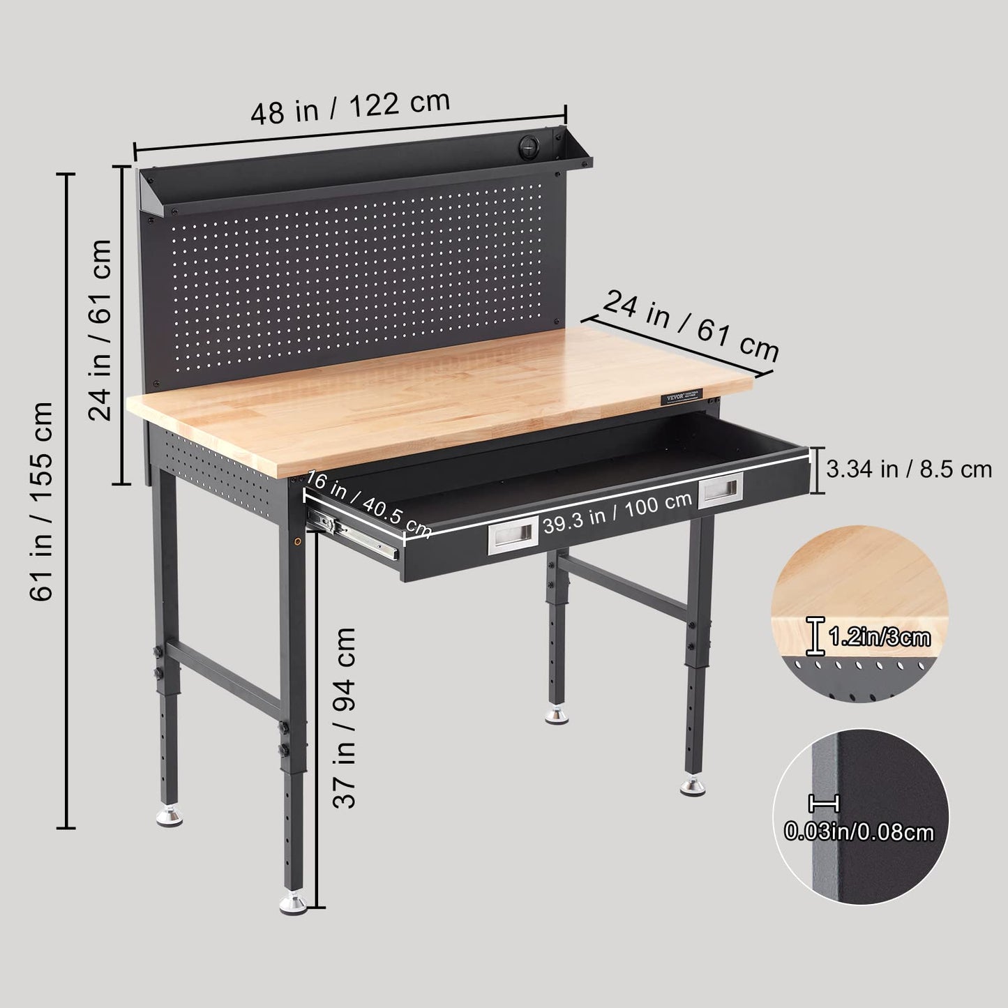 VEVOR Workbench Adjustable Height 28-39.5'' Work Bench for Garage Oak Plank & Carbon Steel Heavy Duty Workbench 2000lbs Weight Capacity top Size 48x24 Hardwood Workbench 3m Cable 30 Hooks, Black