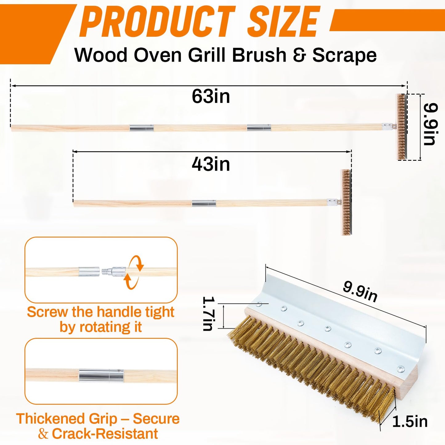 Reallnaive 2 Pack 63 Inch Wood Handle Pizza Oven Brush with Scraper Outdoor Pizza Oven Cleaning Brush Tool, Aluminum Threaded Tip, Brass Bristles with Steel Scraper