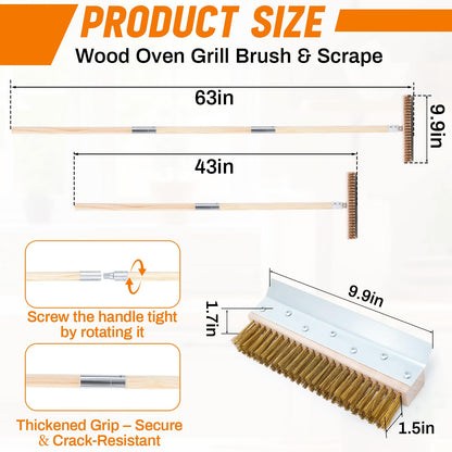 Reallnaive 2 Pack 63 Inch Wood Handle Pizza Oven Brush with Scraper Outdoor Pizza Oven Cleaning Brush Tool, Aluminum Threaded Tip, Brass Bristles with Steel Scraper