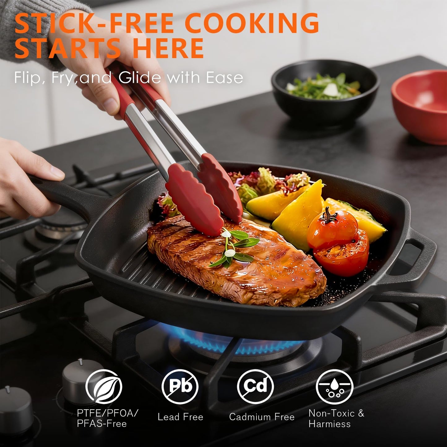 Asderote 6 Piece Pre-Seasoned Cast Iron Cookware Set – Incl. 5QT Dutch Oven with Lid, 8'' and 10.25'' Cast Iron Skillets, 10.5'' Round Griddle, and a Square Grill Pan for Kitchen, Stovetop, & Camping