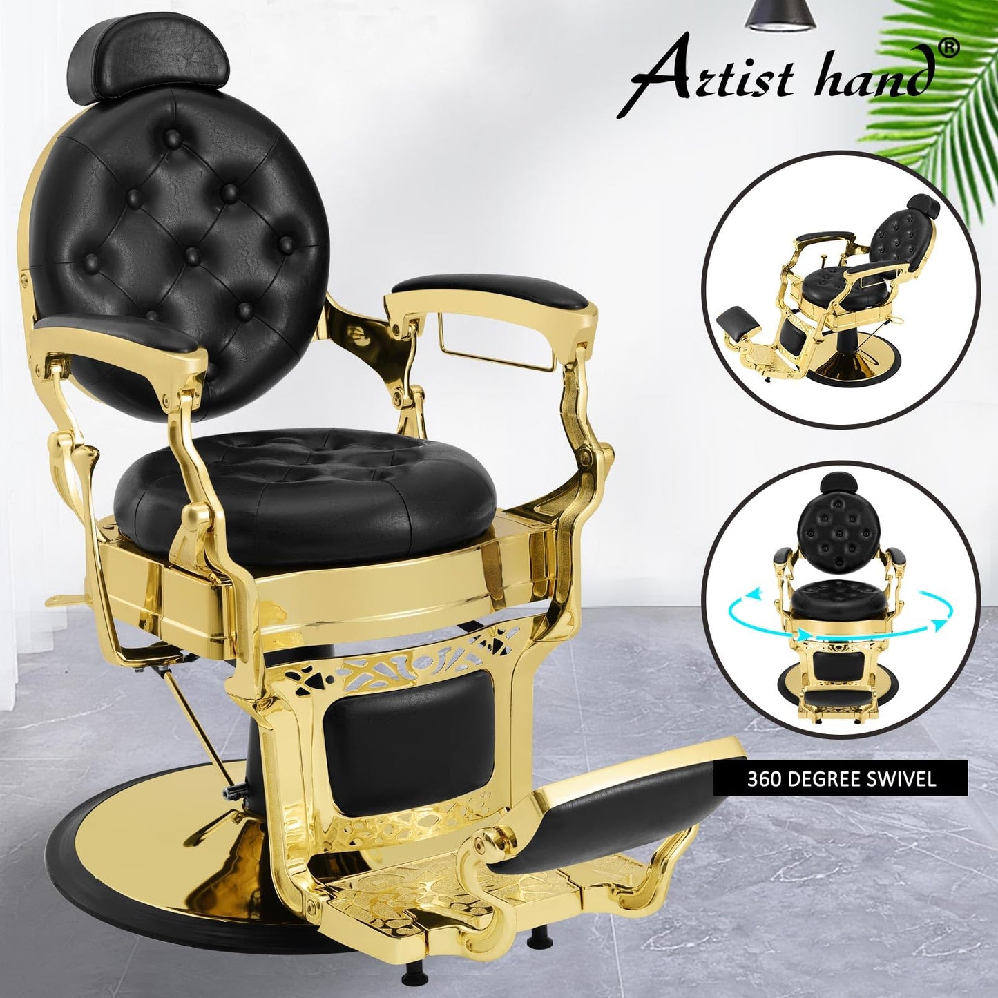 Artist hand Retro Barber Chair Heavy Duty Barber Chairs Vintage Salon Chair Hydraulic Recline Beauty Spa Styling Equipment Rounded Cushioning with Puckered Button (Gold)