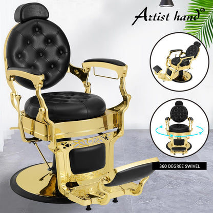 Artist hand Retro Barber Chair Heavy Duty Barber Chairs Vintage Salon Chair Hydraulic Recline Beauty Spa Styling Equipment Rounded Cushioning with Puckered Button (Gold)