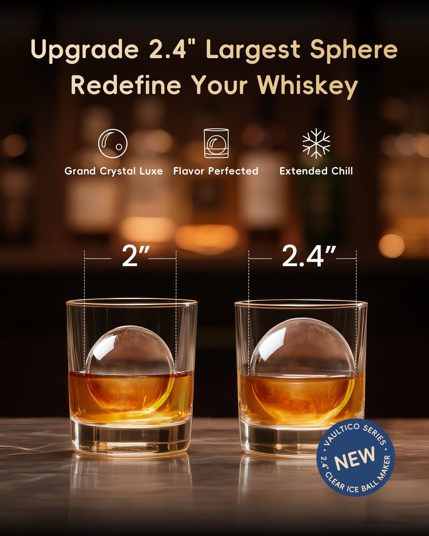 ecozy 2.4" Clear Ice Ball Maker Countertop with CrystalFlux Technology, 3 pcs in 45 Mins, 96 pcs/Day, Sphere Ice Maker with Automatic Water Supply, Self-Cleaning, Enhanced Insulation for Whiskey Bar