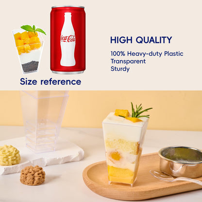 JOLLY CHEF 100 Pack 3 oz Square Mini Dessert Cups with Spoons, Clear Plastic Parfait Appetizer Cup, Small Plastic Dessert Serving Bowl for Tasting Party