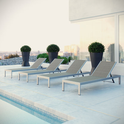 Modway Shore Aluminum Wicker Rattan Outdoor Patio Four Poolside Chaise Lounge Chairs in Silver Gray