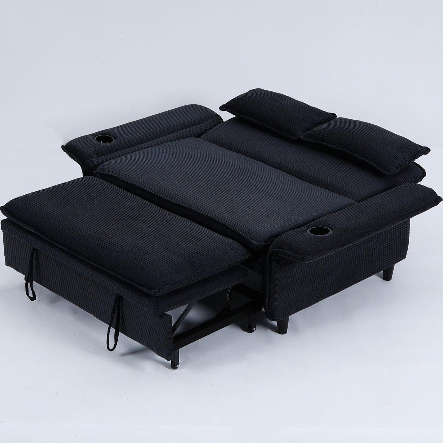 KEIKI 66" Convertible Sofa Bed w/Cup Holder, 3 in 1 Corduroy Sleeper Couch with Pull Out Bed, Adjustable Armrests & Backrests, Modern Chaise Lounge Chair for Living Room Bedroom, Easy Assembly, Black