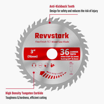 Revvstark 3 Pack 3 Inch 36 Tooth Carbide Circular Saw Blade for Wood, Plastic, PCV, Acrylic, Aluminum with 7/16" Arbor, 3/8" Bushing, Fit Dewalt Craftsman Ryobi Milwaukee