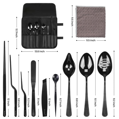 Recsrdce 9-Piece Professional Culinary Plating Set, Black Stainless Steel Chef Tools with Storage Roll & Cleaning Cloth, Ideal for Food Presentation & Fine Dining