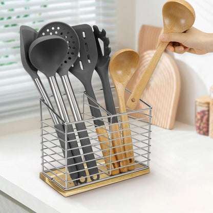 Utensil Holder for Kitchen Counter, Metal Rack for Cooking Tools Storage, Sturdy Base with Drainage Hole (Chrome Wooden)