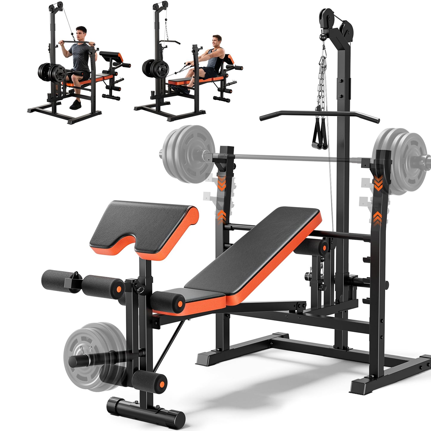 9-in-1 Adjustable Olympic Weight Bench with Lat Pulldown, Row, Squat Rack & Leg Curl – Multi-Function Strength Training Bench Press for Home Gym Full Body Workout (9 in1 Olympic Weight Bench)