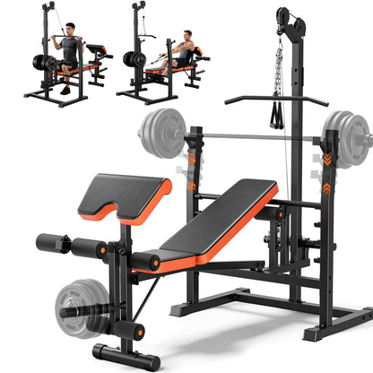 9-in-1 Adjustable Olympic Weight Bench with Lat Pulldown, Row, Squat Rack & Leg Curl – Multi-Function Strength Training Bench Press for Home Gym Full Body Workout (9 in1 Olympic Weight Bench)