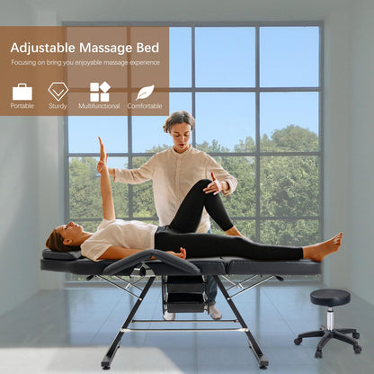 Geelife Massage Salon Tattoo Chair with Hydraulic Stool, Multi-Purpose 3-Section Facial Bed Table, Adjustable Beauty Barber Spa Equipment, Black