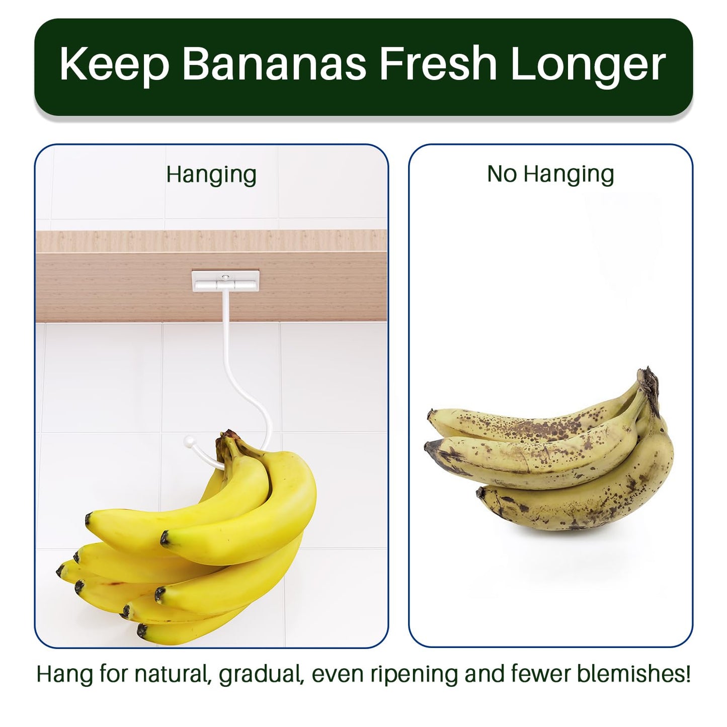 Josmimic Modern Banana Hanger Hook Under Cabinet: Adhesive Banana Holder, Foldable with Magnets When Not in Use, Under Counter Banana Hook, Stainless, Hold 13 LB, White, 2 Pack