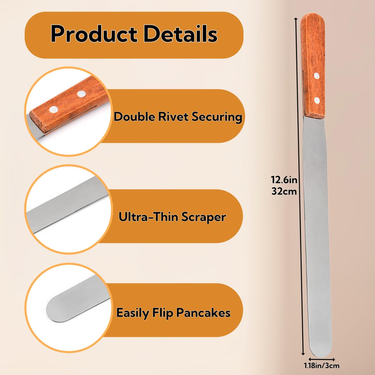 3 Pack Crepe Spreader and Spatula Kit, 12" Wooden Handle Spurtle Spatula, Stainless Steel Crepe Spreader, 7" & 5" T-Shaped Batter Spreaders, Crepes Turner Sticks, Pancake Tool Fit Any Crepe Maker Pan