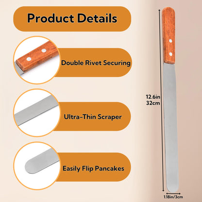 3 Pack Crepe Spreader and Spatula Kit, 12" Wooden Handle Spurtle Spatula, Stainless Steel Crepe Spreader, 7" & 5" T-Shaped Batter Spreaders, Crepes Turner Sticks, Pancake Tool Fit Any Crepe Maker Pan