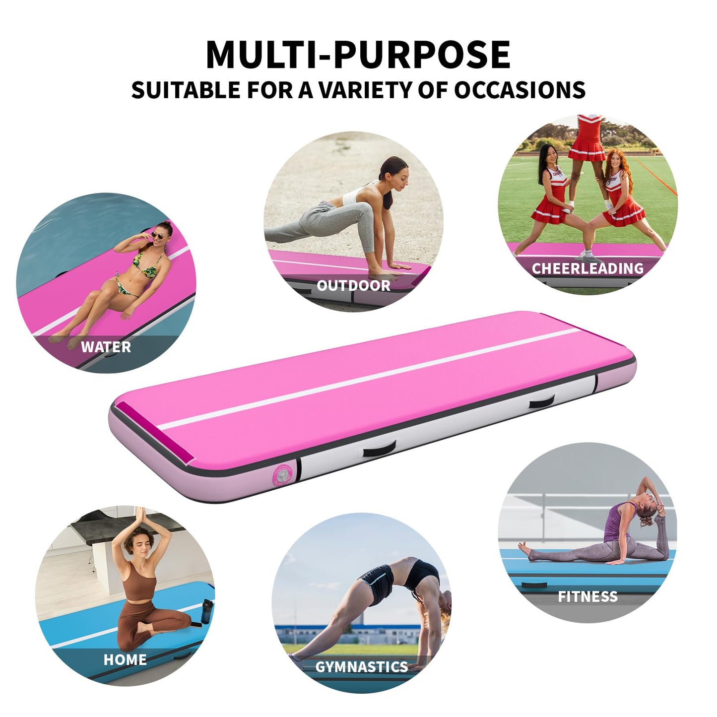 Inflatable Gymnastics Mat Tumble Track (8 Inches Thick) - 20ft Air Floor Training Mats for Home Use, Cheerleading, Water Fun & Camping - Includes 500W Electric Pump & Carbon Pattern Design, Pink