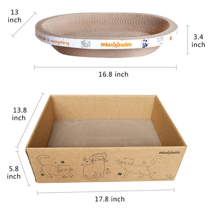 Miwoowim 4PCS 2 Cat Scratcher Bowl +1 Corrugated Scratch Pad with Box+ 1 Brush,Oval Shape Cat Scratcher Cardboard Bed, Scratching Lounge Bed, Cute Round Scratcher
